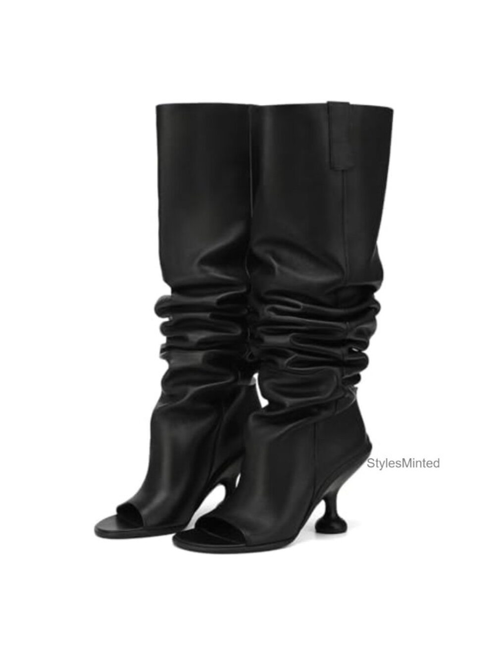 Wide Calf Knee High Kitten Heel Boots Faux Leather Peep Toe